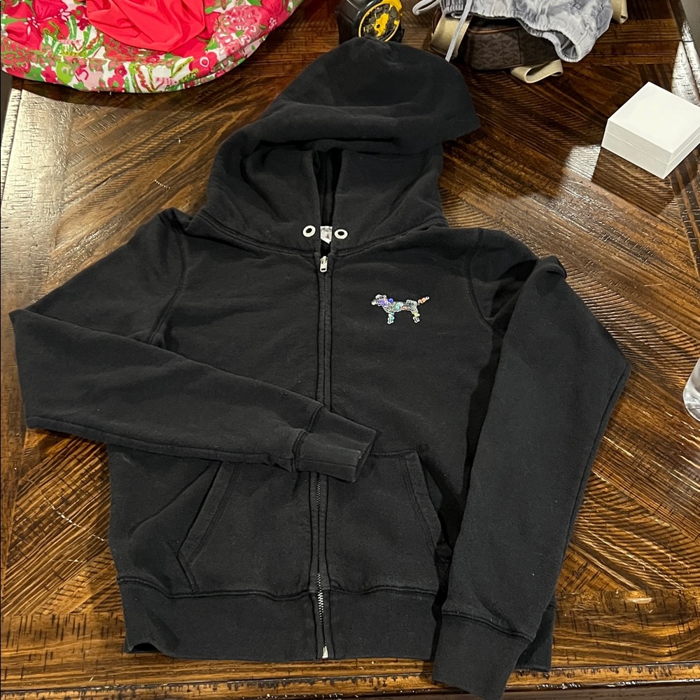 PINK Victoria's Secret Black Hoodie with Sequin Dog